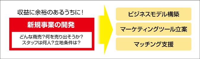 収益に余裕のあるうちに新事業の開発をしましょう。弊社では、ビジネスモデルの構築、マーケティングツールの立案、マッチング支援を行い、具体的な事業化や会社設立をサポートします。